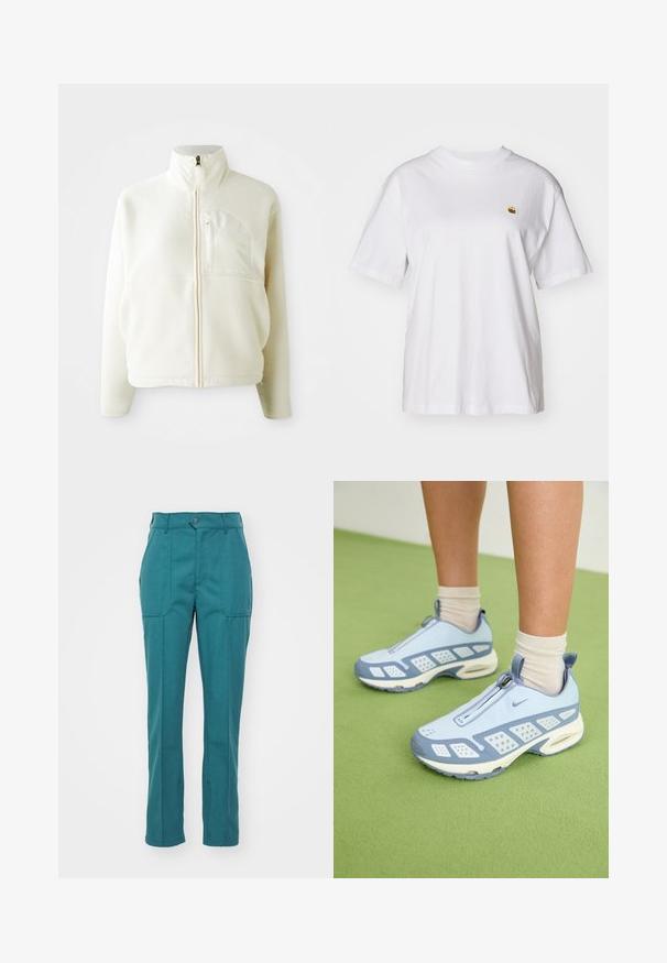 Biele fleecová bunda s vysokým golierom, plným zipsom a vreckom na hrudi. Mäkka textúra a ležérny dizajn.; Biely bavlnený tričko s voľným strihom, krátkymi rukávmi a malým vyšitým logom na ľavej strane hrude.; Tyrkysové nohavice vyrobené z hladkej, texturovanej látky. Obsahujú zapínanie na gombík, dve predné vrecká a rovný strih nohavíc.; Svetlo modré športové topánky s bielymi akcentmi, textúrovanými panelmi a zipsovým uzáverom. Obsahujú viditeľnú vzduchovú tlmiacu podrážku a gumovú podrážku.