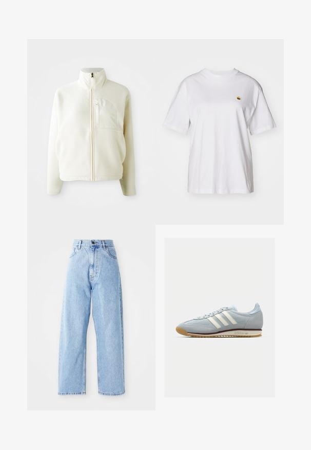 Balti flišinis švarkas su aukštu apykakle, pilnu užtrauktuku ir krūtine kišene. Minkšta tekstūra ir laisvalaikio stilius.; Balta medvilnė marškinėliai su laisvu sijonu, trumpomis rankovėmis ir maža siuvinėta logo kairėje krūtinės pusėje.; Aukštu juosmeniu šviesiai mėlynos džinsinės kelnės su tiesiomis plačiomis kojomis, priekinis mygtukas, užtrauktuko uždarymas ir priekinės bei galinės kišenės.; Šviesiai mėlyni veliūriniai sportbačiai su baltomis trimis juostelėmis, guminis pado ir tekstūruota tinklinė medžiaga. Yra glotnus pirštų dangtelis ir ženklas ant kulno.