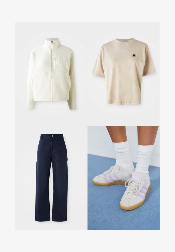 White fleece jacket with a high collar, full zip closure, and a chest pocket. Soft texture and casual design.; Beige cotton t-shirt with a relaxed fit, crew neck, short sleeves, and a small square logo patch on the left chest area.; Navy blue wide-leg cargo pants with a sturdy cotton fabric, featuring side pockets and a button closure at the waist.; Light gray suede sneakers with three lilac stripes, gum rubber sole, flat laces, and white ribbed socks. Set against a blue background.