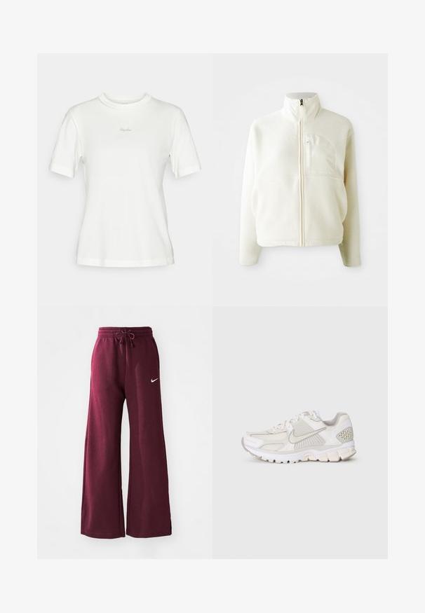 Giacca in pile bianca con colletto alto, chiusura a zip completa e una tasca sul petto. Texture morbida e design casual.; T-shirt bianca a maniche corte realizzata in morbido cotone, con scollatura rotonda e discreto logo ricamato "Rapha" sul petto.; Pantaloni sportivi larghi color bordeaux realizzati in tessuto morbido, dotati di un elastico in vita con cordoncino e un logo Nike bianco sul lato sinistro.; Scarpa atletica bianca realizzata in materiali in rete e sintetici. Presenta un design testurizzato, colletto imbottito e accenti geometrici sul tallone.