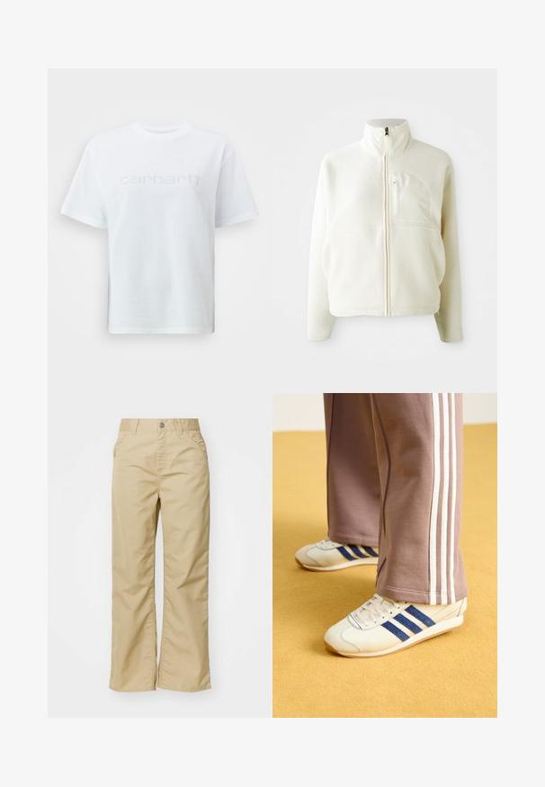 Veste en polaire blanche avec un col montant, fermeture éclair intégrale et une poche poitrine. Texture douce et design décontracté.; T-shirt en coton blanc avec un col rond et des manches courtes, arborant un logo texte "carhartt" gris clair sur la poitrine.; Pantalons larges en coton beige avec une texture lisse, dotés de poches avant et d'un bouton en argent à la taille.; Baskets crème avec des bandes en suede bleu, des lacets blancs et une semelle en caoutchouc. Associées à un pantalon de survêtement gris avec des bandes latérales blanches.