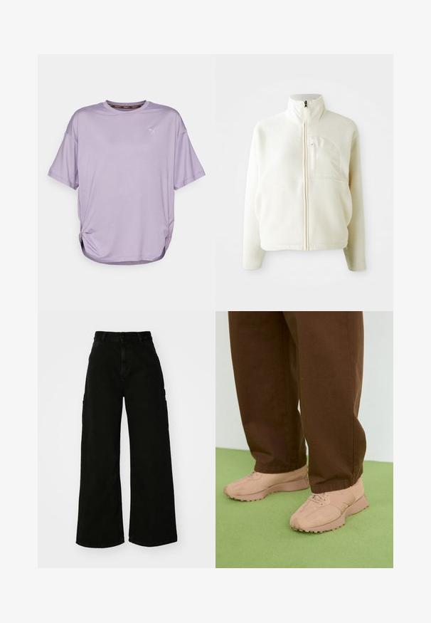 White fleece jacket with a high collar, full zip closure, and a chest pocket. Soft texture and casual design.; Puma STUDIO TWIST TEE  - Sports T-shirt - pale plum; Black wide-leg cargo pants made of denim, featuring a high waist, front button closure, and side pockets. Smooth texture with minimal stitching.; Light pink sneakers with textured suede and mesh upper, round toe, lace-up design, and rugged rubber soles. Worn with brown baggy pants.