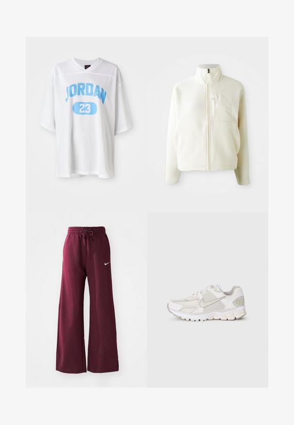 Valge fliisjakk kõrge kraega, täispikkade tõmblukkudega ja rinnataskuga. Pehme tekstuur ja juhuslik disain.; Valge võrkkleit lühikeste varrukatega, millel on sinine "JORDAN" tekst ja "23" ovaalis. Kerge, hingav kangas ja ülekaaluline lõige.; Burgundy laiadeguri dressipüksid pehmest kangast, millel on elastne vöökoht koos nööriga ja valge Nike logo vasakul poolel.; Valge spordijalats, mis on valmistatud võrkpinnast ja sünteetilistest materjalidest. Omab tekstuurset disaini, pehmendatud kaelaosasid ja geomeetrilisi aktsente kannal.