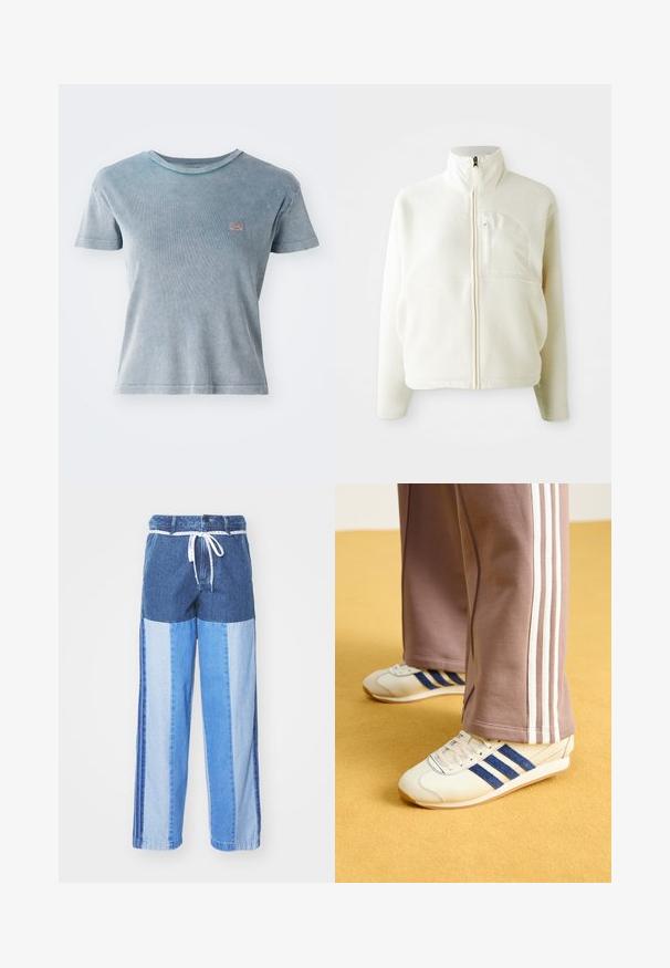Fehér bolyhos dzseki magas gallérral, teljes hosszában zipzárral és mellzsebbel. Puha tapintású és laza kialakítású.; Világoskék, rövid ujjú póló bordázott textúrával. Kicsi logófelvarró található a mellen. Kerek nyakú és testhez simuló fazon.; Kék farmernadrág, foltvarrásos dizájnnal, különböző árnyalatú kékekből, húzózsinóros derékkal és laza, egyenes szabású lábakkal.; Krém színű sneakers, kék velúr csíkokkal, fehér fűzővel és gumitalppal. Szürke melegítőnadrággal párosítva, fehér oldalsó csíkokkal.