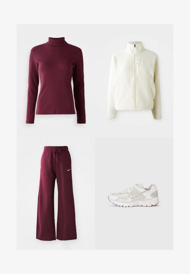 Biała polarowa kurtka z wysokim kołnierzem, pełnym zapięciem na zamek błyskawiczny oraz kieszenią na piersi. Miękka tekstura i casualowy design.; Burgundowy sweter z długim rękawem i golfem wykonany z materiału w prążki, charakteryzujący się dopasowanym krojem i małym wyszywanym logo z przodu.; Bordowe dresowe spodnie z szerokimi nogawkami, wykonane z miękkiego materiału, posiadające elastyczny pas ze sznurkiem i białe logo Nike po lewej stronie.; Białe sportowe buty wykonane z siateczkowych i syntetycznych materiałów. Posiadają teksturowany design, wyściełany kołnierz oraz geometryczne akcenty na pięcie.