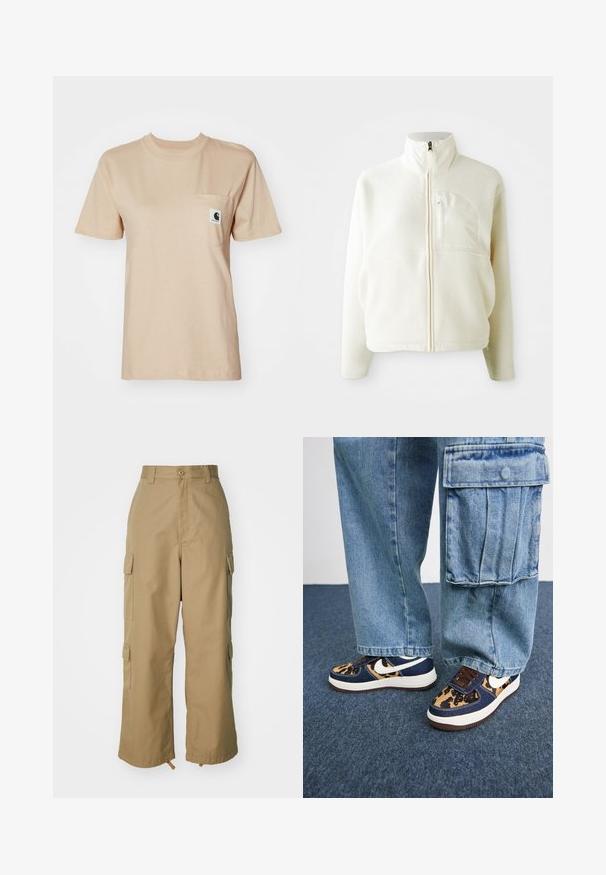 White fleece jacket with a high collar, full zip closure, and a chest pocket. Soft texture and casual design.; Beige cotton t-shirt with a round neckline, short sleeves, and a chest pocket featuring a small logo patch. Smooth texture and simple design.; Beige cargo pants with a high waist, wide legs, and four large side pockets. Made of durable fabric with a smooth texture and minimal detail.; Navy blue sneakers with leopard print accents, white Nike swoosh, brown laces, and white midsole. Paired with light denim cargo pants.