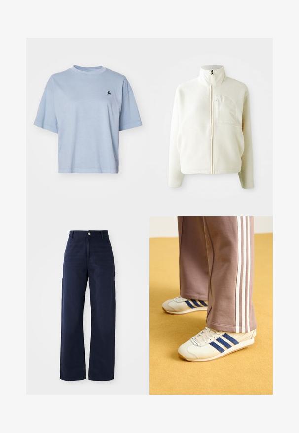 Hvit fleecejakke med høy krage, full glidelås og brystlomme. Myk tekstur og avslappet design.; Carhartt WIP NELSON - T-shirts - dusty ice; Marineblå vide bukser med cargo-design laget av solid bomullsstoff, med sidelommer og knappelukking i midjen.; Kremfargede sneakers med blå semsket skinnstriper, hvite snørebånd og gummisåle. Kombinert med grå joggebukser med hvite sidestriper.