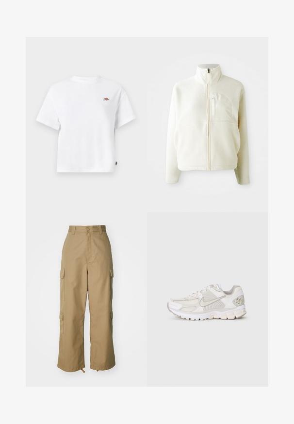 Hvid fleecejakke med høj krave, fuld lynlås og en brystlomme. Blød tekstur og afslappet design.; Hvid bomulds t-shirt med en afslappet pasform, der har et lille logo-patch på brystet og et mærke på siden for ekstra detaljer.; Beige cargo bukser med høj talje, brede ben og fire store sidelommer. Fremstillet af slidstærkt stof med en glat tekstur og minimal detaljering.; Hvid atletisk sko lavet af mesh og syntetiske materialer. Har et struktureret design, polstret krave og geometriske detaljer på hælen.