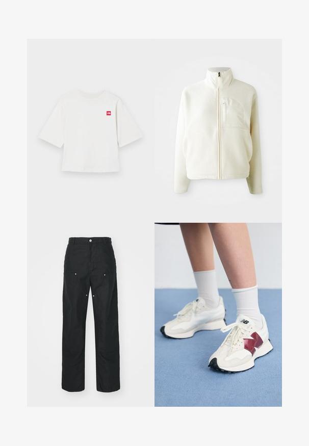 Hvid fleecejakke med høj krave, fuld lynlås og en brystlomme. Blød tekstur og afslappet design.; Hvid kortærmet t-shirt lavet af bomuld. Har et lille rødt firkantet logo på venstre brystområde. Lige pasform. Blød tekstur.; Sorte bukser med lige ben-design, lavet af et tekstureret stof. Har dekorativt sølvhardware og unikke sømdetaljer.; Et par hvide sneakers med maroon detaljer, strukturerede paneler, flad sort sål og lyse snørebånd, båret med hvide ankelstrømper.