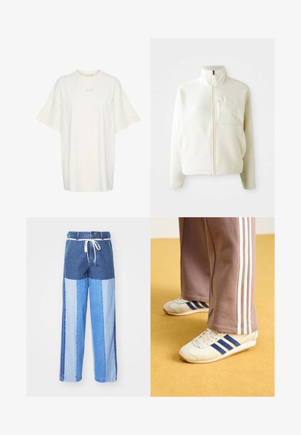 White fleece jacket with a high collar, full zip closure, and a chest pocket. Soft texture and casual design.; Gestuz JIO OVERSIZE TEE - Basic T-shirt - birch; Blue denim pants featuring a patchwork design with varying shades of blue, a drawstring waist, and loose, straight-cut legs.; Cream sneakers with blue suede stripes, white laces, and a rubber sole. Paired with gray sweatpants featuring white side stripes.