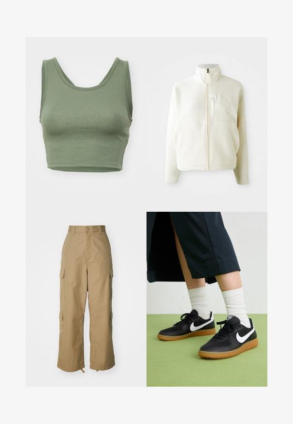 Hvid fleecejakke med høj krave, fuld lynlås og en brystlomme. Blød tekstur og afslappet design.; Oliven grøn cropped tanktop lavet af ribbet stof, med en scoop udskæring og brede skulderstropper.; Beige cargo bukser med høj talje, brede ben og fire store sidelommer. Fremstillet af slidstærkt stof med en glat tekstur og minimal detaljering.; Sorte læder- og syntetiske sneakers med hvid Nike swoosh, gummisål, rund tå og sorte snørebånd. Ribbede hvide sokker synlige.