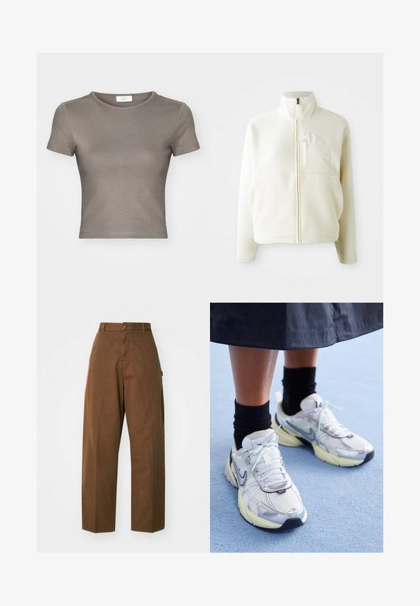 Biała polarowa kurtka z wysokim kołnierzem, pełnym zapięciem na zamek błyskawiczny oraz kieszenią na piersi. Miękka tekstura i casualowy design.; Koszulka z krótkim rękawem i okrągłym dekoltem w kolorze taupe, wykonana z gładkiej bawełny. Posiada dopasowany krój oraz delikatne przeszycia na dole i rękawach.; Brązowe, szerokie spodnie wykonane z trwałego materiału, z zapięciem na guzik i kieszeniami bocznymi. Gładka struktura i prosty krój.; Białe i srebrne sneakersy Nike z siateczkowym materiałem, odblaskowymi akcentami i beżową podeszwą. Noszone z czarnymi skarpetkami, stojące na niebieskiej powierzchni.