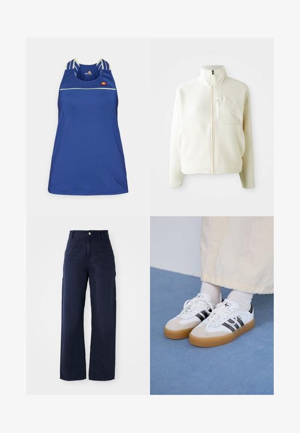 Biała polarowa kurtka z wysokim kołnierzem, pełnym zapięciem na zamek błyskawiczny oraz kieszenią na piersi. Miękka tekstura i casualowy design.; Niebieska bezrękawnikowa koszulka sportowa, wykonana z gładkiego materiału, z cienkimi białymi poziomymi paskami oraz wielokolorowym logo na piersi.; Granatowe szerokie spodnie cargo z mocnej bawełnianej tkaniny, z kieszeniami po bokach i zapięciem na guzik w pasie.; Białe sneakersy z czarnymi paskami i beżowymi zamszowymi akcentami. Posiadają teksturowaną gumową podeszwę i płaskie białe sznurowadła, noszone z jasnymi skarpetami.