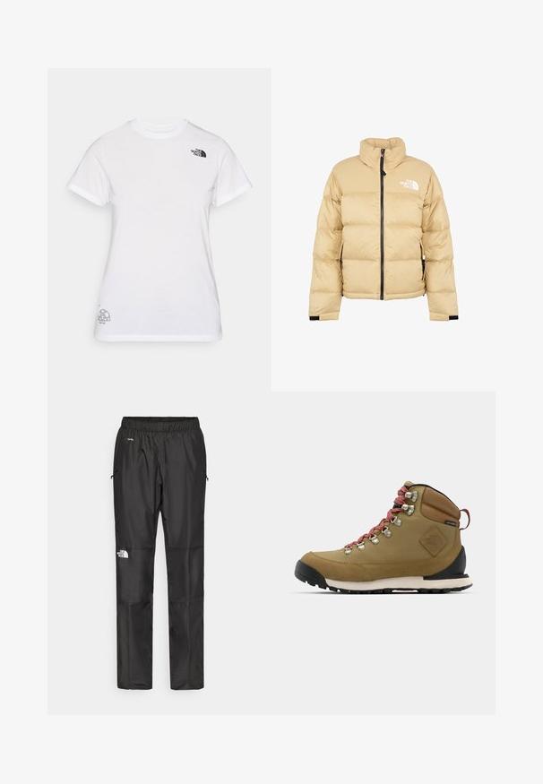 Beżowa kurtka puchowa z wysokim kołnierzem, zamkiem błyskawicznym z przodu i logo na piersi. Posiada pikowany, przeszywany wzór oraz elastyczne mankiety.; Biała koszulka bawełniana z czarnym logo na lewej piersi i szarym graficznym wzorem w prawym dolnym rogu. Klasyczny okrągły dekolt i krótkie rękawy.; Czarne wodoodporne spodnie wykonane z lekkiego materiału, z elastycznym pasem, bocznymi kieszeniami i logo na lewym nogawce.; Brązowe buty trekkingowe z czerwonymi sznurówkami, metalowymi oczkami, skórzanymi akcentami i gumową podeszwą. Posiadają zaokrąglony czubek i wyściełany kołnierz.