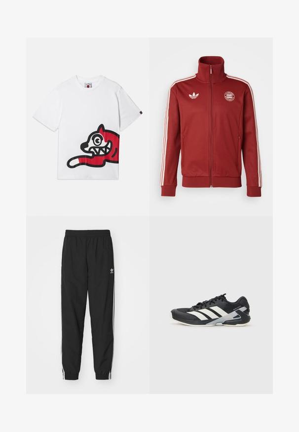 Chaqueta roja con cremallera fabricada en tejido suave, con franjas blancas de Adidas en las mangas, logo en el pecho y puños y dobladillo acanalados.; Camiseta blanca de algodón que presenta un gran gráfico rojo y negro de un gato estilo caricatura con ojos y dientes exagerados, situado en un lado.; Pantalones de chándal negros con cintura y dobladillos elásticos, con franjas laterales blancas y un pequeño logo blanco de Adidas en la cadera izquierda.; Zapatilla deportiva negra con franjas blancas, parte superior de malla, punta redondeada y suela acolchada. Presenta un talón texturizado y un sistema de cordones seguro.