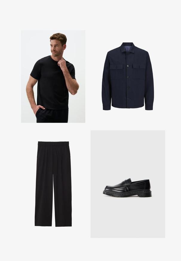 Granatowa kurtka z kołnierzykiem, z zamknięciem na guziki z przodu i dwiema kieszeniami na piersi. Wykonana z teksturowanego materiału o jednolitym wzorze.; Jimmy Key - T-shirt basic; Czarne spodnie w stylu szerokich nogawek z plisowanym przodem, bocznymi kieszeniami i gładką teksturą materiału. Zaprojektowane w luźnym kroju.; Męskie czarne skórzane loafery penny z grubą podeszwą i szwem mokasynowym, przedstawione z boku na białym tle.