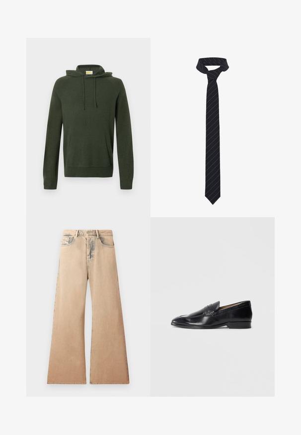 Schwarze Lederjacke mit Kragen, vorderem Reißverschluss und zwei großen Brusttaschen. Glatte Textur mit tailliertem Schnitt.; Olivgrüner Hoodie mit Kapuze mit Kordelzug, Fronttasche, gerippten Bündchen und Saum. Hergestellt aus weichem Material mit glatter Textur.; Weißes Langarmhemd aus strukturiertem Stoff, mit klassischem Kragen, Knopfleiste und geradem Saum, in lockerer Passform.; Beige weite Jeans mit verblichener Textur, Fünf-Taschen-Design und genähten Details entlang der Nähte. Der Bund hat einen klassischen Knopfverschluss.; Schwarze Lederloafers mit glatter Oberfläche, spitzem Zehenbereich und subtilen Steppdetails. Verfügt über einen flachen Absatz und ein eingeprägtes Logo an der Seite.; Schwarze Fliege mit diagonalen blauen Streifen, aus einem glatten Stoff gefertigt. Sie hat ein verjüngtes Ende und eine geknotete Schlaufe an der Oberseite.