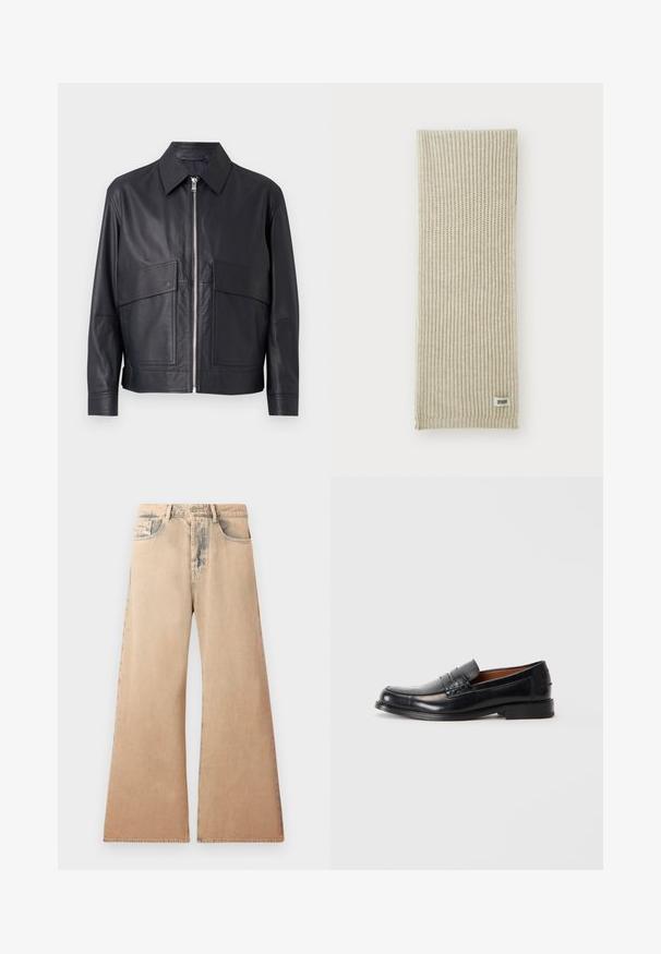 Schwarze Lederjacke mit Kragen, vorderem Reißverschluss und zwei großen Brusttaschen. Glatte Textur mit tailliertem Schnitt.; Weißes Langarmhemd aus strukturiertem Stoff, mit klassischem Kragen, Knopfleiste und geradem Saum, in lockerer Passform.; Beige weite Jeans mit verblichener Textur, Fünf-Taschen-Design und genähten Details entlang der Nähte. Der Bund hat einen klassischen Knopfverschluss.; Schwarzer Lederloafer mit runder Zehenform, hervorgehobenem Steppdetail auf dem Spann und niedrigem, gestapeltem Absatz. Glatte Textur und formelles Design.; Beige gestrickter Schal mit vertikaler Rippenstruktur. Mit einem kleinen Stoffetikett mit der Aufschrift "DRYARN" an einem Ende. Weiches, leichtes Material.; Schwarze Fliege mit diagonalen blauen Streifen, aus einem glatten Stoff gefertigt. Sie hat ein verjüngtes Ende und eine geknotete Schlaufe an der Oberseite.