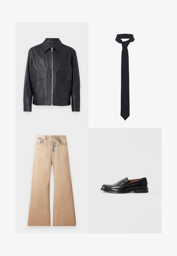 Black leather jacket with a collared neck, front zipper closure, and two large chest pockets. Smooth texture with tailored fit.; White long-sleeve shirt made of textured fabric, featuring a classic collar, button front, and straight hemline, with a relaxed fit.; Beige wide-leg jeans with faded texture, five-pocket design, and stitched detailing along seams. Waist has a traditional button closure.; Black leather loafer with a rounded toe, raised stitching detail on the vamp, and a low stacked heel. Smooth texture and formal design.; Black tie with diagonal blue stripes, made from a smooth fabric. Features a tapered end and a knotted loop at the top.