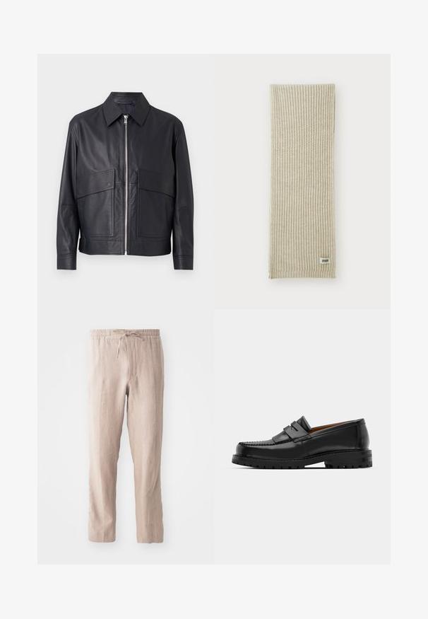 Black leather jacket with a collared neck, front zipper closure, and two large chest pockets. Smooth texture with tailored fit.; White long-sleeve shirt made of textured fabric, featuring a classic collar, button front, and straight hemline, with a relaxed fit.; Beige linen pants with an elastic waistband and drawstring. Straight leg design with a soft texture and minimalistic style.; Black leather loafers feature a raised seam, two decorative straps on the upper, and a thick textured sole for added grip.; Beige knitted scarf with vertical ribbing texture. Features a small fabric tag labeled "DRYARN" at one end. Soft, lightweight material.; Black tie with diagonal blue stripes, made from a smooth fabric. Features a tapered end and a knotted loop at the top.