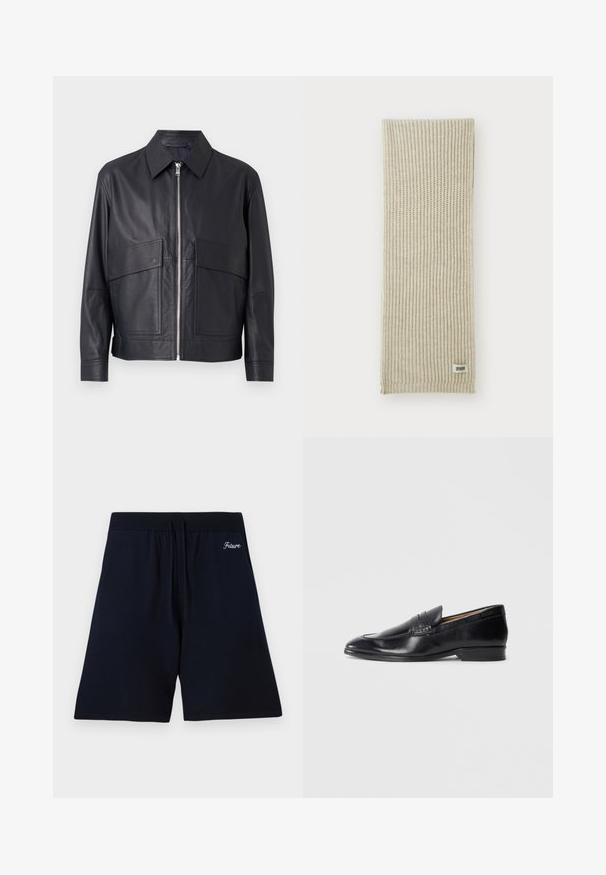 Czarna skórzana kurtka z kołnierzykiem, z przodu na zamek błyskawiczny i dwoma dużymi kieszeniami na piersiach. Gładka tekstura i dopasowany krój.; Biała koszula z długim rękawem, wykonana z teksturowanej tkaniny, z klasycznym kołnierzykiem, z przodem na guziki i prostym wykończeniem, o luźnym kroju.; Granatowe szorty z miękkiego materiału, z elastycznym pasem ze sznurkiem do ściągania, oraz haftowanym napisem "Przyszłość" w górnej części.; Czarne skórzane mokasyny o gładkim wykończeniu, z wysmuklonym noskiem i subtelnym detalem w postaci szwów. Posiadają płaski obcas i wytłoczone logo z boku.; Beżowy, dziany szalik o pionowej fakturze prążkowanej. Posiada małą metkę materiałową z napisem "DRYARN" na jednym końcu. Miękki, lekki materiał.; Czarny krawat z diagonalnymi niebieskimi paskami, wykonany z gładkiego materiału. Posiada zwężający się koniec oraz zawiązany uchwyt na górze.