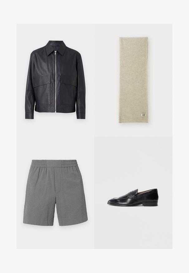 Giacca in pelle nera con collo, chiusura frontale con zip e due grandi tasche sul petto. Tessuto liscio con vestibilità sartoriale.; Camicia bianca a maniche lunghe realizzata in tessuto testurizzato, con collo classico, chiusura a bottoni e orlo dritto, dal taglio rilassato.; Pantaloni corti grigi con una vita elastica, tessuto textured e taglio dritto. Presentano due tasche laterali e un design a pattern sottile.; Mocassino in pelle nera con finitura liscia, punta affusolata e dettagli di cucitura sottili. Presenta un tacco piatto e un logo impresso sul lato.; Sciarpa lavorata a maglia beige con texture a coste verticali. Presenta un piccolo etichetta di tessuto etichettata "DRYARN" a un'estremità. Materiale morbido e leggero.; Cravatta nera con strisce blu diagonali, realizzata in un tessuto liscio. Presenta un'estremità affusolata e un nodo a loop nella parte superiore.
