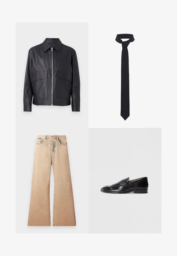 Črna usnjena jakna s ovratnikom, sprednjim zadrgo in dvema velikima žepoma na prsi. Gladka tekstura z natančno prileganjem.; Bela srajca z dolgimi rokavi iz teksturirane tkanine, s klasičnim ovratnikom, sprednjim gumbom in ravnim robom, sproščenega kroja.; Bež džins hlače širokih nogavica z izbledelim teksturo, petimi žepi in šivanim detajlom ob šivih. Pas ima klasično gumbno zapiranje.; Črni usnjeni loferji z gladko površino, podolgovat vrh in subtilne šive. Imajo ravno peto in embosirano logo na strani.; Črna kravata z diagonalnimi modrimi črtami, izdelana iz gladkega materiala. Ima koničast konec in zategnjen vozel na vrhu.