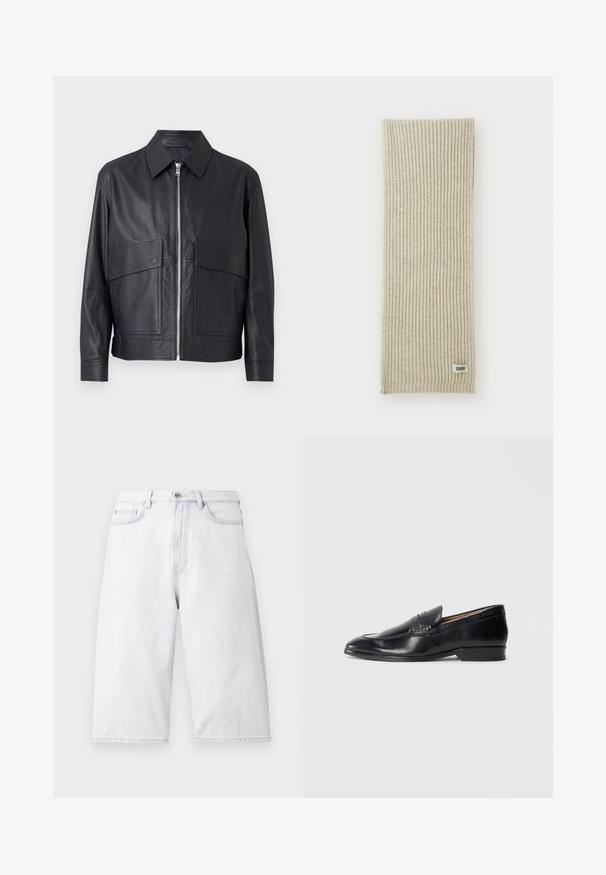 Chaqueta de cuero negra con cuello, cierre frontal con cremallera y dos grandes bolsillos en el pecho. Textura suave con corte entallado.; Camisa blanca de manga larga hecha de tela texturizada, con un cuello clásico, cierre de botones en la parte delantera y dobladillo recto, con un ajuste relajado.; Bermudas de mezclilla de color gris claro con un corte holgado, que cuentan con una cinturilla con botones, bolsillos frontales y dobladillos limpios y rectos.; Mocasin de piel negra con un acabado suave, punta afilada y un discreto detalle de costura. Presenta un tacón plano y un logo grabado en el costado.; Bufanda de punto beige con textura de canalé vertical. Presenta una pequeña etiqueta de tela etiquetada como "DRYARN" en un extremo. Material suave y ligero.; Corbata negra con rayas diagonales azules, hecha de una tela lisa. Presenta un extremo afilado y un lazo anudado en la parte superior.