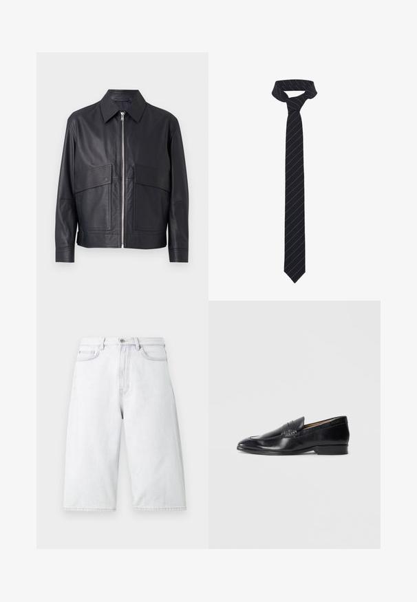 Giacca in pelle nera con collo, chiusura frontale con zip e due grandi tasche sul petto. Tessuto liscio con vestibilità sartoriale.; Camicia bianca a maniche lunghe realizzata in tessuto testurizzato, con collo classico, chiusura a bottoni e orlo dritto, dal taglio rilassato.; Shorts in denim grigio chiaro con una vestibilità ampia, dotati di una vita con bottone, tasche anteriori e orli diritti e puliti.; Mocassino in pelle nera con finitura liscia, punta affusolata e dettagli di cucitura sottili. Presenta un tacco piatto e un logo impresso sul lato.; Cravatta nera con strisce blu diagonali, realizzata in un tessuto liscio. Presenta un'estremità affusolata e un nodo a loop nella parte superiore.