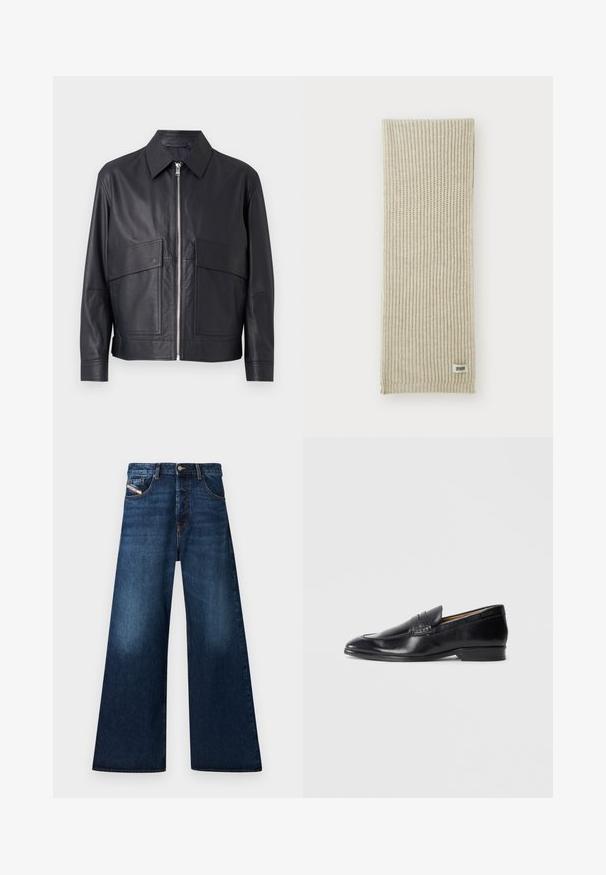 Jaqueta de couro preta com gola, fecho frontal por zipper e dois grandes bolsos no peito. Superfície lisa com corte ajustado.; Camisa de manga longa branca feita de tecido texturizado, com colarinho clássico, fecho com botões à frente e bainha reta, com um ajuste descontraído.; Jeans de denim escuro de perna larga com cintura alta. Apresenta cinco bolsos, fechamento por botão e um acabamento desbotado na região das coxas.; Sapato de couro preto tipo mocassim com um acabamento liso, bico pontudo e detalhes de costura subtis. Apresenta um salto baixo e um logotipo embutido na lateral.; Cachecol em malha bege com textura de canelados verticais. Apresenta uma pequena etiqueta de tecido rotulada "DRYARN" em uma das extremidades. Material suave e leve.; Gravata preta com riscas diagonais azuis, feita de um tecido suave. Apresenta uma ponta afilada e um laço apertado no topo.