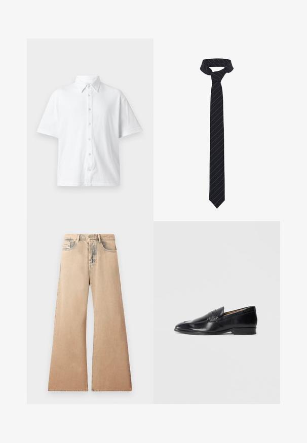 Melnas ādas jaka ar apkakli, priekšējo rāvējslēdzēju un divām lielām krūšu kabatām. Gluda tekstūra ar pielāgotu piegriezumu.; Balts īsām piedurknēm krekls ar pogām, kas izgatavots no teksturētas auduma, ar klasisku apkakli un līniju rakstu. Sešas pogas gar priekšpusi.; Beidzēti platā kāju džinsi ar izbalējušu tekstūru, piecu kabatu dizains un izšūti apdari gar šuvēm. Viduklis ar tradicionālo pogu aizdari.; Melnas ādas mokasīni ar gludu apdari, norādītu purngali un smalku šuvju detaļu. Izstrādāti ar plakanu papēdi un izreljefētu logotipu sānos.; Melnā kaklasaites ar diagonālām zilām svītrām, izgatavota no gludas auduma. Iezīmēta ar šauru galu un mezgla cilpu augšpusē.