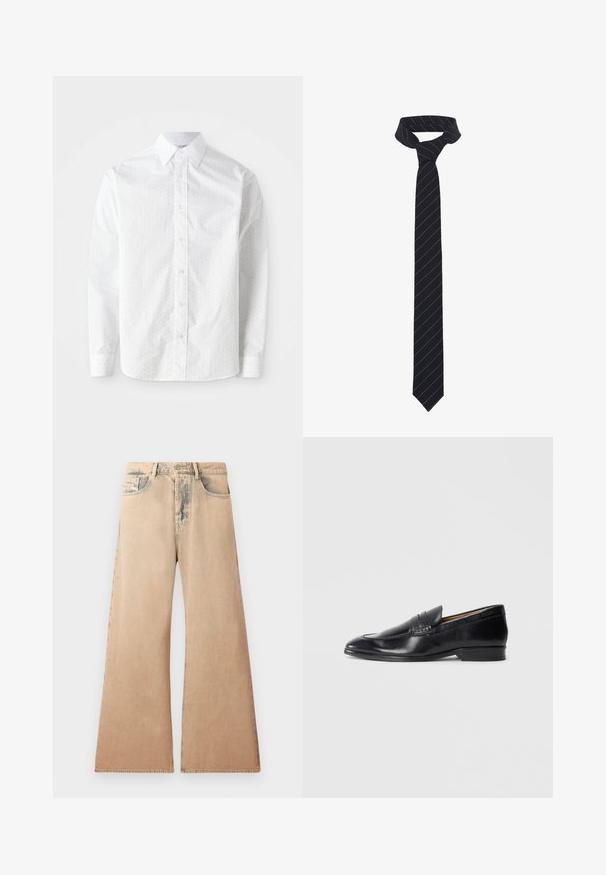 Zwarte leren jas met een kraag, frontale ritssluiting en twee grote borstzakken. Gladde textuur met een getailleerde pasvorm.; Witte lange mouwen shirt van soepele katoen met een subtiel gestippeld patroon, klassieke kraag, knoopsluiting aan de voorkant en ronde manchetten.; Beige wijde jeans met vervaagde textuur, vijf-pocket ontwerp en gestikte details langs de naden. De taille heeft een traditionele knoopsluiting.; Zwarte leren instapper met een gladde afwerking, spitse neus en subtiele stikseldetails. Heeft een platte hak en een gegraveerd logo aan de zijkant.; Zwarte vlinderdas met diagonale blauwe strepen, gemaakt van een gladde stof. Heeft een taps toelopend uiteinde en een geknoopte lus aan de bovenkant.