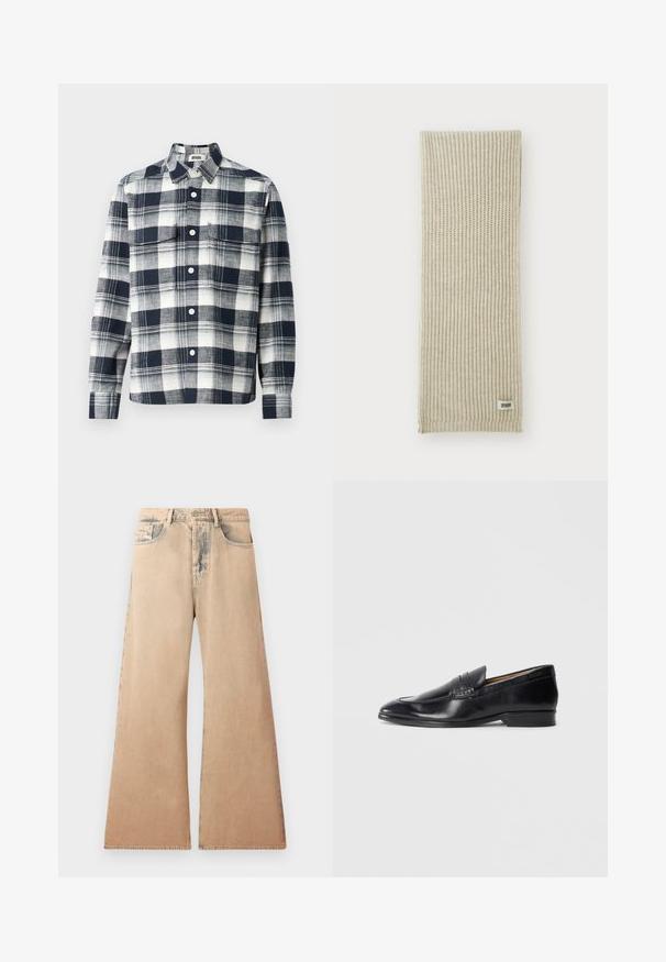 Černá kožená bunda s límečkem, předním zipem a dvěma velkými kapsami na hrudi. Hladká textura s přiléhavým střihem.; Kostkovaná košile vyrobená z látky v námořnické modré a bílé barvě. Má límec s knoflíčky, přední kapsu a dlouhé rukávy.; Beige široké džíny s vybledlým vzhledem, designem pěti kapes a prošívanými detaily podél švů. Pas má tradiční zapínání na knoflík.; Černé kožené mokasíny s hladkým povrchem, špičatou špičkou a decentními švy. Mají plochý podpatek a embosované logo na boku.; Béžový pletený šál s vertikálním ribbovým potiskem. Na jednom konci je malá textilní nášivka s nápisem "DRYARN". Měkký, lehký materiál.; Černý motýlek s diagonálními modrými pruhy, vyrobený z hladké tkaniny. Má zúžený konec a uzlovou smyčku na vršku.