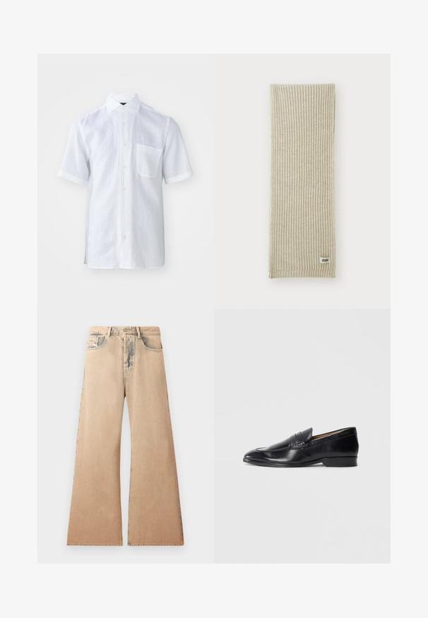 Giacca in pelle nera con collo, chiusura frontale con zip e due grandi tasche sul petto. Tessuto liscio con vestibilità sartoriale.; Camicia bianca a maniche corte in tessuto di lino leggero con colletto button-down, taschino frontale e superficie leggermente texturizzata.; Jeans beige a gamba larga con texture sfumata, design a cinque tasche e dettagli cuciti lungo le cuciture. La vita ha una chiusura a bottone tradizionale.; Mocassino in pelle nera con finitura liscia, punta affusolata e dettagli di cucitura sottili. Presenta un tacco piatto e un logo impresso sul lato.; Sciarpa lavorata a maglia beige con texture a coste verticali. Presenta un piccolo etichetta di tessuto etichettata "DRYARN" a un'estremità. Materiale morbido e leggero.; Cravatta nera con strisce blu diagonali, realizzata in un tessuto liscio. Presenta un'estremità affusolata e un nodo a loop nella parte superiore.