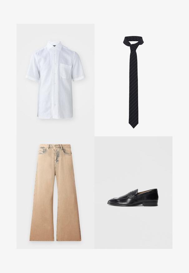 Giacca in pelle nera con collo, chiusura frontale con zip e due grandi tasche sul petto. Tessuto liscio con vestibilità sartoriale.; Camicia bianca a maniche corte in tessuto di lino leggero con colletto button-down, taschino frontale e superficie leggermente texturizzata.; Jeans beige a gamba larga con texture sfumata, design a cinque tasche e dettagli cuciti lungo le cuciture. La vita ha una chiusura a bottone tradizionale.; Mocassino in pelle nera con finitura liscia, punta affusolata e dettagli di cucitura sottili. Presenta un tacco piatto e un logo impresso sul lato.; Cravatta nera con strisce blu diagonali, realizzata in un tessuto liscio. Presenta un'estremità affusolata e un nodo a loop nella parte superiore.