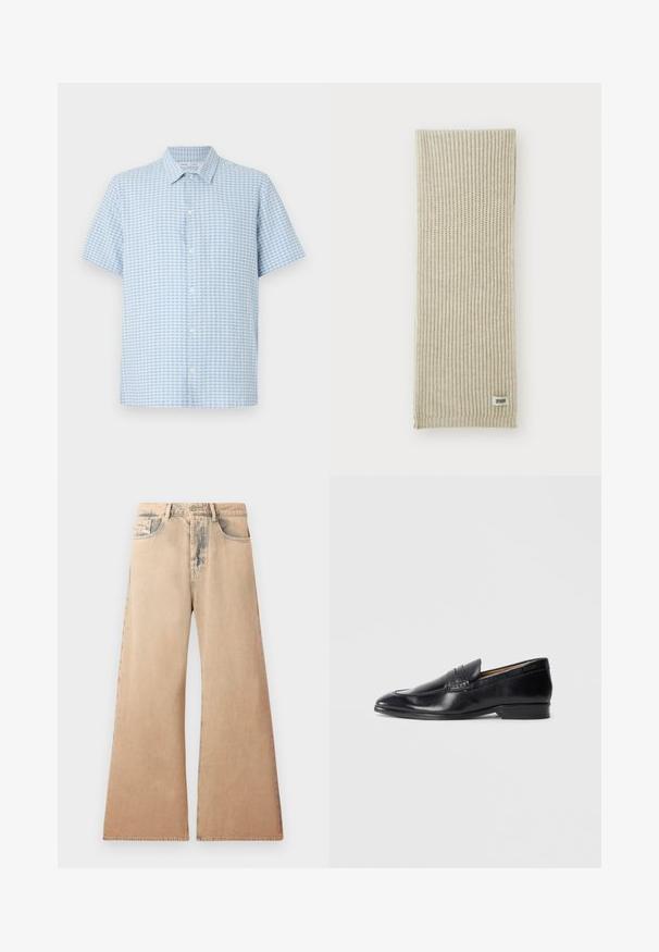 Zwarte leren jas met een kraag, frontale ritssluiting en twee grote borstzakken. Gladde textuur met een getailleerde pasvorm.; Korte mouwen overhemd met knoopsluiting in lichtblauw en wit geruit patroon, gemaakt van lichte stof met een puntige kraag en een voorkant met knopen.; Beige wijde jeans met vervaagde textuur, vijf-pocket ontwerp en gestikte details langs de naden. De taille heeft een traditionele knoopsluiting.; Zwarte leren instapper met een gladde afwerking, spitse neus en subtiele stikseldetails. Heeft een platte hak en een gegraveerd logo aan de zijkant.; Beige gebreide sjaal met verticale ribbelstructuur. Heeft een klein stoffen label met de tekst "DRYARN" aan één uiteinde. Zacht, lichtgewicht materiaal.; Zwarte vlinderdas met diagonale blauwe strepen, gemaakt van een gladde stof. Heeft een taps toelopend uiteinde en een geknoopte lus aan de bovenkant.