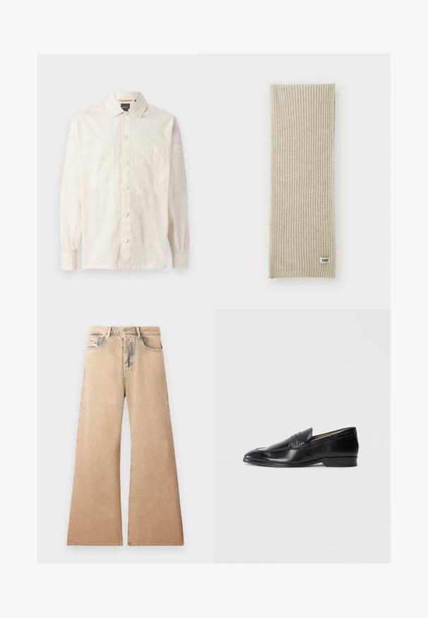 Schwarze Lederjacke mit Kragen, vorderem Reißverschluss und zwei großen Brusttaschen. Glatte Textur mit tailliertem Schnitt.; Beige Langarmshirt aus leichtem Stoff, mit durchgängigem Knopfverschluss, zwei Brusttaschen und einem Markenetikett am Ärmel.; Beige weite Jeans mit verblichener Textur, Fünf-Taschen-Design und genähten Details entlang der Nähte. Der Bund hat einen klassischen Knopfverschluss.; Schwarze Lederloafers mit glatter Oberfläche, spitzem Zehenbereich und subtilen Steppdetails. Verfügt über einen flachen Absatz und ein eingeprägtes Logo an der Seite.; Beige gestrickter Schal mit vertikaler Rippenstruktur. Mit einem kleinen Stoffetikett mit der Aufschrift "DRYARN" an einem Ende. Weiches, leichtes Material.; Schwarze Fliege mit diagonalen blauen Streifen, aus einem glatten Stoff gefertigt. Sie hat ein verjüngtes Ende und eine geknotete Schlaufe an der Oberseite.