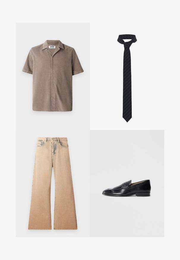 Schwarze Lederjacke mit Kragen, vorderem Reißverschluss und zwei großen Brusttaschen. Glatte Textur mit tailliertem Schnitt.; Kurzarmhemd aus hellbraunem Cord mit eingeschnittenem Kragen, Knopfleiste und lockerer Passform mit subtiler Textur.; Beige weite Jeans mit verblichener Textur, Fünf-Taschen-Design und genähten Details entlang der Nähte. Der Bund hat einen klassischen Knopfverschluss.; Schwarze Lederloafers mit glatter Oberfläche, spitzem Zehenbereich und subtilen Steppdetails. Verfügt über einen flachen Absatz und ein eingeprägtes Logo an der Seite.; Schwarze Fliege mit diagonalen blauen Streifen, aus einem glatten Stoff gefertigt. Sie hat ein verjüngtes Ende und eine geknotete Schlaufe an der Oberseite.