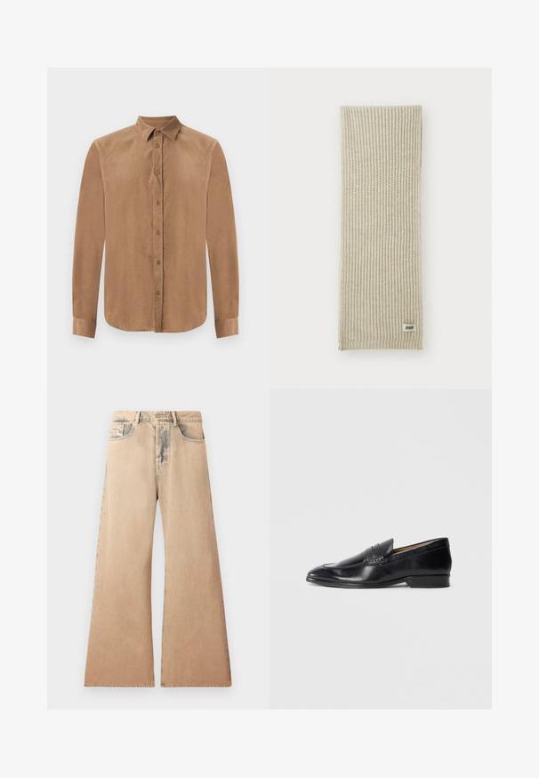 Black leather jacket with a collared neck, front zipper closure, and two large chest pockets. Smooth texture with tailored fit.; Brown, long-sleeve button-up shirt in soft fabric, featuring a classic collar and front button closure. Smooth texture with a straight cut.; Beige wide-leg jeans with faded texture, five-pocket design, and stitched detailing along seams. Waist has a traditional button closure.; Black leather loafer with a smooth finish, pointed toe, and subtle stitching detail. Features a flat heel and embossed logo on the side.; Beige knitted scarf with vertical ribbing texture. Features a small fabric tag labeled "DRYARN" at one end. Soft, lightweight material.; Black tie with diagonal blue stripes, made from a smooth fabric. Features a tapered end and a knotted loop at the top.