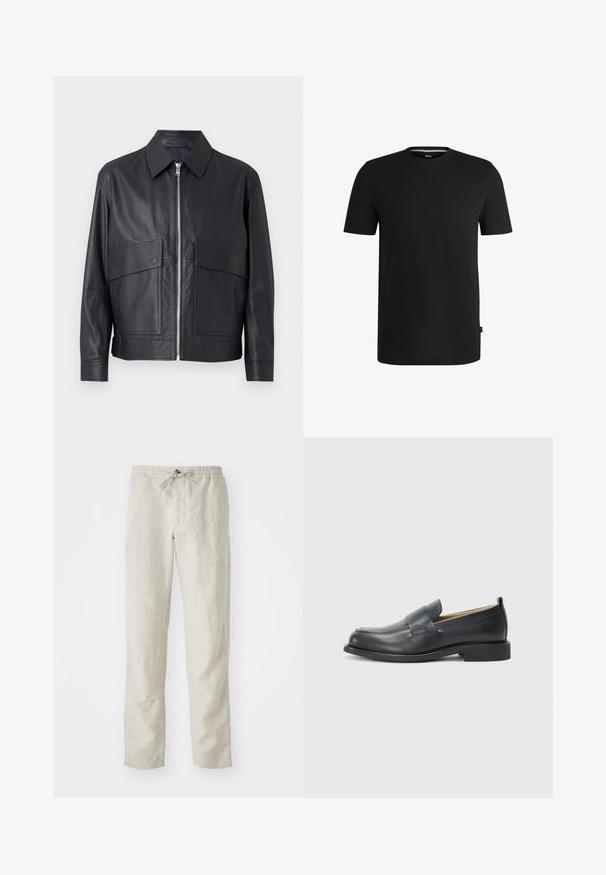 Černá kožená bunda s límečkem, předním zipem a dvěma velkými kapsami na hrudi. Hladká textura s přiléhavým střihem.; Černé tričko s krátkým rukávem vyrobené z hladké bavlny s kulatým výstřihem. Obsahuje subtílní značkovou etiketu na levé straně blízko lemu.; Světlé béžové lněné kalhoty se rovnými nohavicemi, elastickým pasem, nastavitelným šňůrkou a bez viditelných vzorů nebo kovových prvků.; Černé kožené mokasíny s hladkým povrchem, plochou podrážkou a zaoblenou špičkou, zdobené páskem přes svršek.
