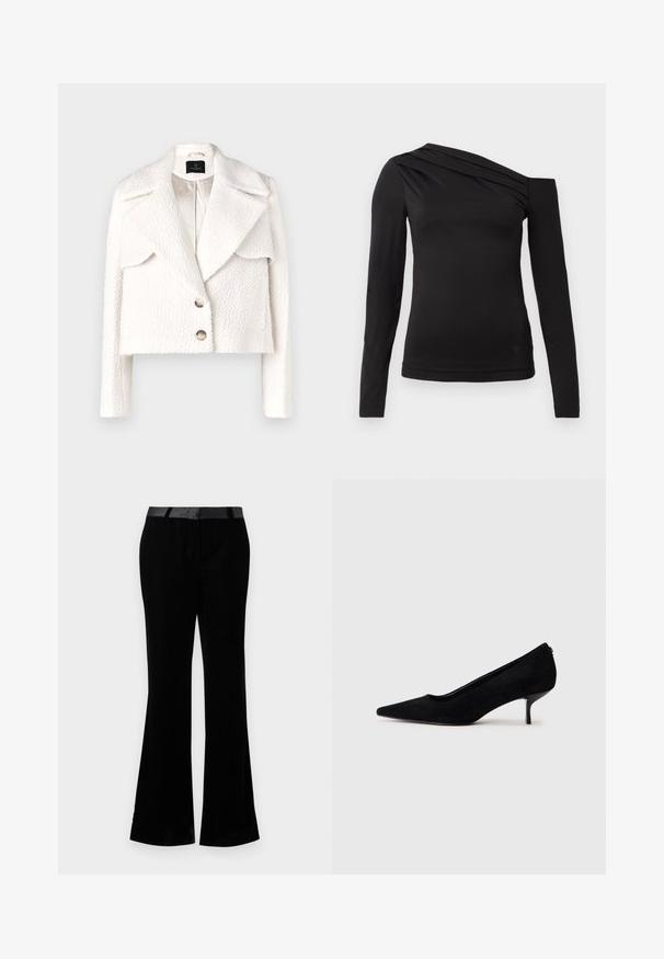 Bruuns Bazaar GAZANIABBNOVIS JACKET - Zimná bunda - white cream; Čierny dlhý rukáv top s asymetrickým výstrihom, ktorý odhaľuje jedno rameno a má jemné drape po hrudi.; Čierne rozšírené nohavice vyrobené z hladkej látky. Má plochý pás s lesklým povrchom. Prispôsobený strih s dvomi prednými vreckami.; Čierne semišové lodičky s špicatou špičkou a úzkym, nízkym opätkom. Hladká textura s elegantným dizajnom, bez viditeľných kovových súčiastok.