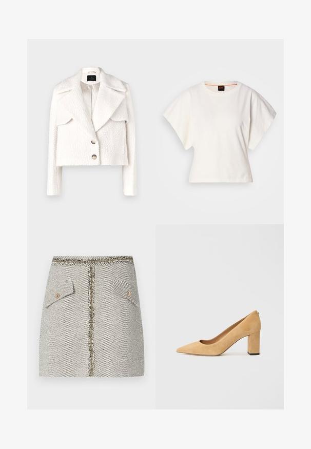 Bruuns Bazaar GAZANIABBNOVIS JACKET - Talvejope - white cream; Valge lühikeste laiadte varrukatega lühike T-särk, pehme puuvillane materjal, ümar kaelus kergelt oranži ääristusega, minimaalne disain, ilma mustrite ja graafikateta.; Kootud tweed seelik valge ja musta kalascrossi mustriga, millel on kaks esimest taskut ja kuldne tõmblukk seljal, mille servad on frantsiisitud.; Beežist nubukist kõrge kontsaga kingad, millel on terav nina ja massiivne plokkkonts. Materjal on pehme tekstuuriga ja sileda pinnaga.