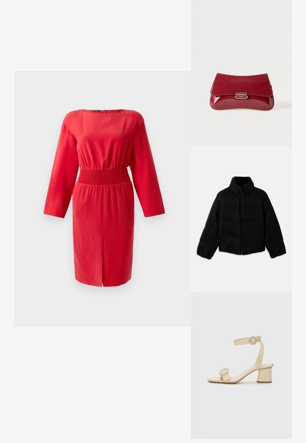Juodas pūkinis švarkas su trumpa siluetu, turintis aukštą apykaklę, užtrauktuką ir vertikalią briaunotą tekstūrą. Minkšta medžiaga.; Raudona suknelė su ilgomis rankovėmis ir surinkta juosmeniu. Lygaus audinio, ties keliu besibaigianti, su nugaroje esančiu užtrauktuku. Paprastas, prigludęs dizainas be raštų.; Šviesiai rudos spalvos aukštakulniai šlepetės minimalistiniu dizainu, su dviem apvaliais akcentais ir masyviu kulnu. Pagamintos iš lygaus odos.; Raudona lakuota odinė rankinė su išlenktu dizainu, sulankstomu dangteliu ir metaliniu logotipu ant sidabrinės plokštelės. Lygi, blizgi tekstūra.