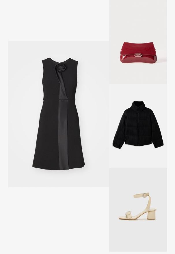 Juodas pūkinis švarkas su trumpa siluetu, turintis aukštą apykaklę, užtrauktuką ir vertikalią briaunotą tekstūrą. Minkšta medžiaga.; Juoda be rankovių suknelė su prigludusia pewdpuo, kuri pasižymi tekstūruotu audiniu ir satino šonine juostele, papuošta audiniu gėle iškirptėje.; Šviesiai rudos spalvos aukštakulniai šlepetės minimalistiniu dizainu, su dviem apvaliais akcentais ir masyviu kulnu. Pagamintos iš lygaus odos.; Raudona lakuota odinė rankinė su išlenktu dizainu, sulankstomu dangteliu ir metaliniu logotipu ant sidabrinės plokštelės. Lygi, blizgi tekstūra.