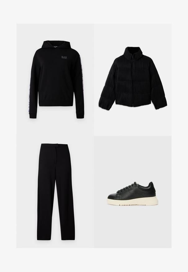 Mustapuffer takki, jossa on lyhyt siluetti, korkea kaulus, vetoketjukiinnitys ja pystysuuntainen ribbitekstuuri. Pehmeä kangas.; Musta huppari, jossa EA7-logo rinnassa, pitkät hihat ja käsivarren varrella violetti kontrastitikkaus. Valmistettu pehmeästä kankaasta.; Mustat leveälahkeiset housut, jotka on valmistettu pehmeästä ja joustavasta kankaasta. Ominaisuuksiin kuuluu sileä vyötärö ja ei näkyviä saumoja tai taskuja. Yksinkertainen ja monipuolinen muotoilu.; Musta nahkakengät, joissa on teksturoitu pinta, pyöreä kärki, kuusi mustaa silmukkaa ja valkoinen kumipohja, jossa on uurteita.