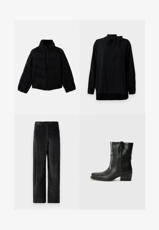 Čierna nafukovacia bunda s krátkym strihom, vybavená vysokým golierom, zipsovým zapínaním a vertikálnou ryhovanou textúrou. Mäkkučký materiál.; Čierna blúzka s vysokým golierom a detailom s mašľou. Dlhé rukávy s manžetami. Vyrobená z hladkej tkaniny s voľným strihom.; Čierne, textúrované nohavice s širokými nohavicami a výrazným tkaním, s prednými skladmi a plochým pásom. Klasický dizajn pre všestrannosť.; Čierne kožené členkové topánky s okrúhlou špičkou, blokovým podpätkom, bočným zipsom a prešívaním na priehlavku. Hladká textúra, klasický dizajn.