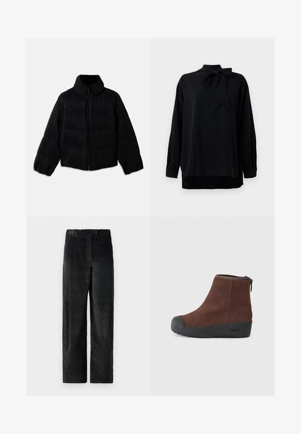 Fekete puffertakó rövidített siluettal, magas gallérral, cipzáros záródással és függőleges bordázott textúrával. Puha anyag.; Fekete blúz magas gallérral és masnis részlettel. Hosszú ujjak, mandzsettás véggel. Sima anyagból készült, laza szabással.; Fekete, textúrált, bő szárú nadrág, hangsúlyos szövettel, elülső redőkkel és lapos derékpánttal. Klasszikus dizájn, amely sokoldalúságot biztosít.; Barna velúr bokacsizma lekerekített orral, textúrált fekete gumi talppal és oldalsó cipzárral. Diszkrét logó a sarkon és a cipzár közelében.
