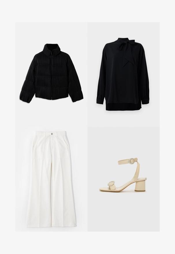 Fekete puffertakó rövidített siluettal, magas gallérral, cipzáros záródással és függőleges bordázott textúrával. Puha anyag.; Fekete blúz magas gallérral és masnis részlettel. Hosszú ujjak, mandzsettás véggel. Sima anyagból készült, laza szabással.; Fehér, bő szárú nadrág puha anyagból, elülső zsebekkel és egyetlen gombos záródással, letisztult, minimalista dizájnnal.; Krémszínű, magassarkú szandál, minimalista dizájnnal, két kör alakú díszítéssel és vastag sarokkal. Simító bőrből készült.