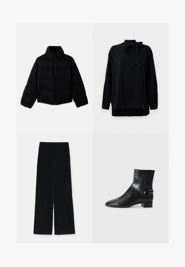 Casaco puffer preto com um silhueta corta, apresentando um colarinho alto, fecho de correr e textura canelada vertical. Tecido macio.; Blusa preta com colarinho alto e detalhe de laço. Mangas longas com punhos. Feita de um tecido suave com um corte relaxado.; Emporio Armani PANTALONI - Calças - nero; Bota de tornozelo em couro preto com bico fino, salto quadrado e um detalhe decorativo de fivela dourada na parte traseira. Textura suave, design minimalista.
