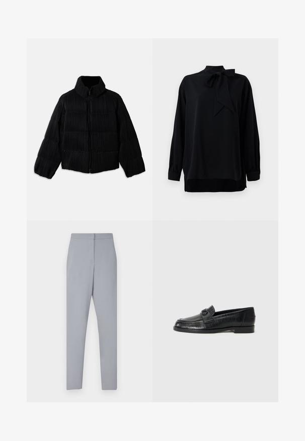 Fekete puffertakó rövidített siluettal, magas gallérral, cipzáros záródással és függőleges bordázott textúrával. Puha anyag.; Fekete blúz magas gallérral és masnis részlettel. Hosszú ujjak, mandzsettás véggel. Sima anyagból készült, laza szabással.; Világosszürke, sima anyagból készült, testre szabott nadrág, lapos elején cipzárral, vékony, egyenes szárú fazonnal.; Fekete bőr loafer cipők sima felsőrésszel, dombornyomott vonalmintával és dekoratív csat részlettel a cipő orrán. Alacsony, tömb alakú sarok.